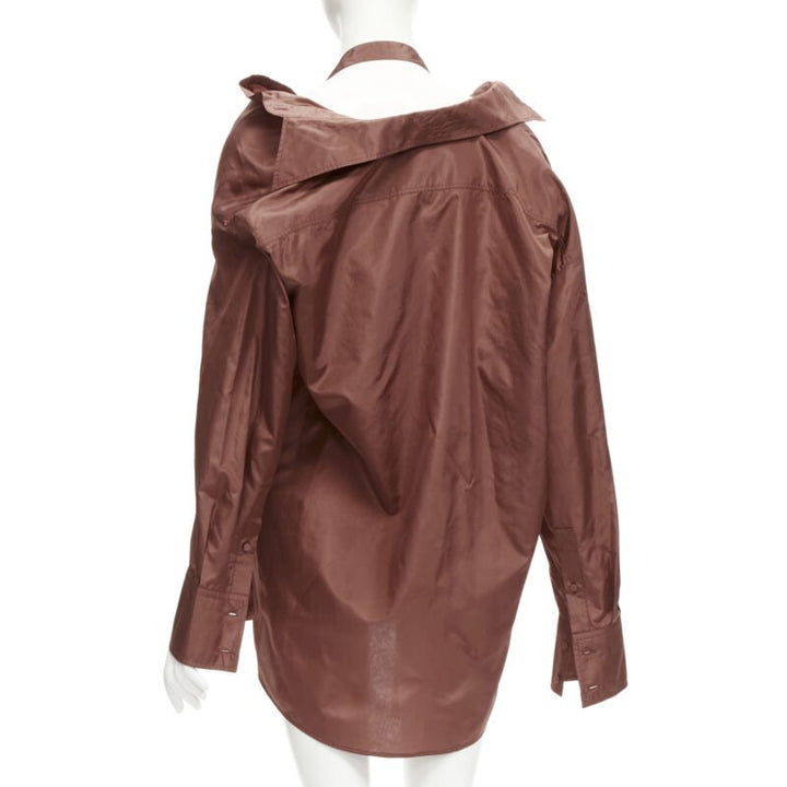 VALENTINO 2022 Runway brown silk taffeta wide collar neck tie shirt IT38 XS