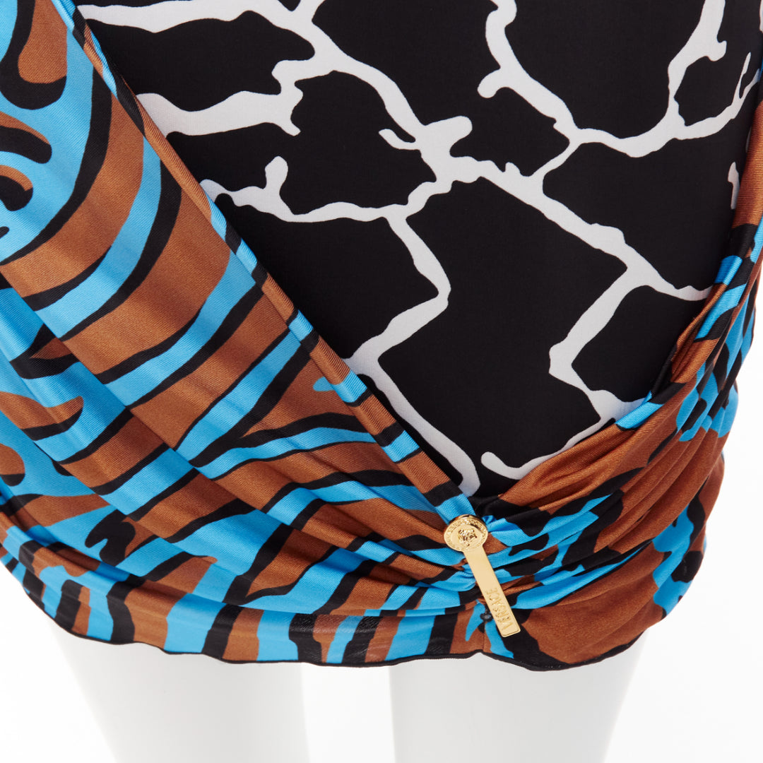 VERSACE Runway mixed giraffe print gold logo clip body con wiggle dress IT36 XXS
