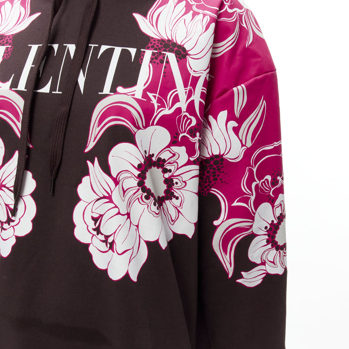 VALENTINO 2022 brown pink floral logo print cotton oversized hoodie S