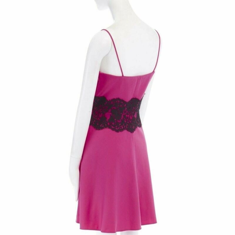 VALENTINO pink wool blend black lace trimmed waist flared skirt dress IT42 M