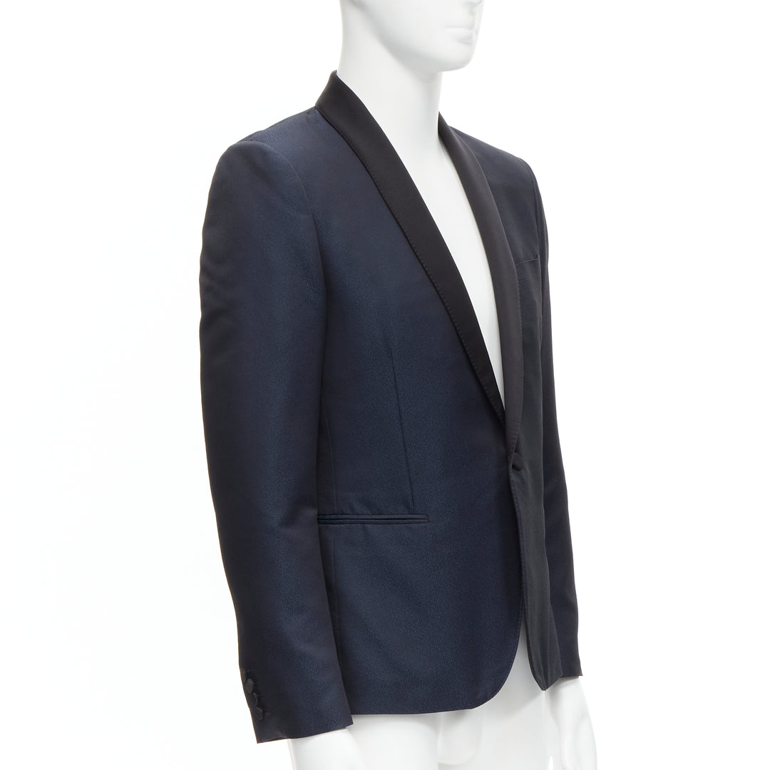 SAINT LAURENT navy metallic textured satin shawl tuxedo blazer EU50 L