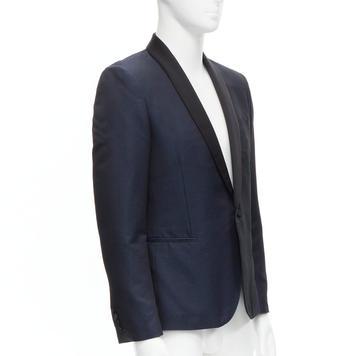 SAINT LAURENT navy metallic textured satin shawl tuxedo blazer EU50 L
