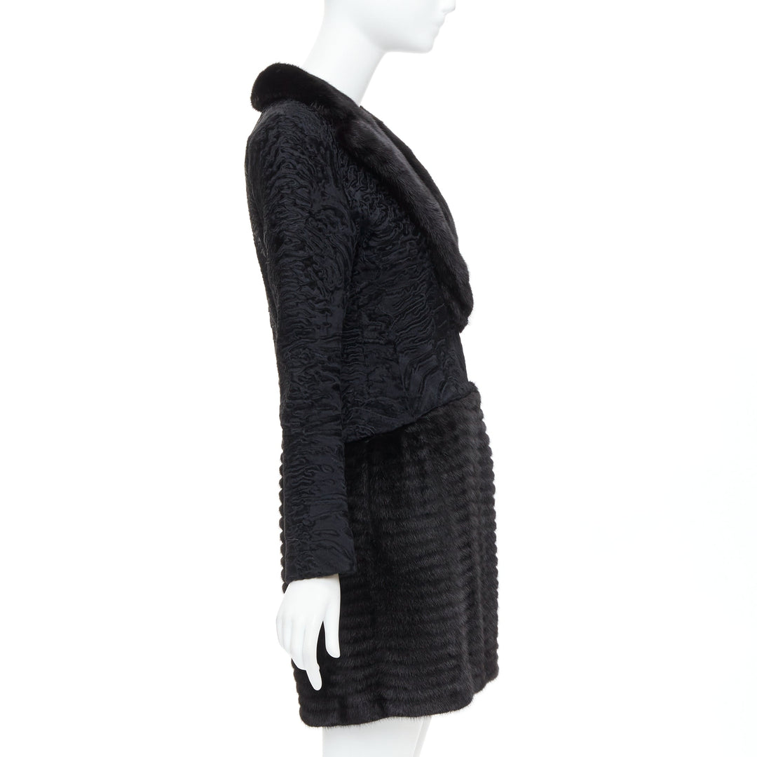 CHRISTIAN DIOR black lamb mink fur silk lined long coat FR38 M