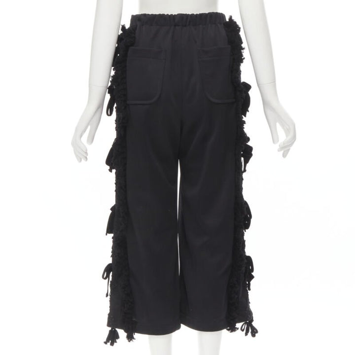TRICOT COMME DES GARCONS black ruffle floral velvet ribbon trim wide pants S