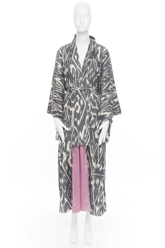 OSCAR DE LA RENTA SS19 Runway brown black leopard pink silk lined kimono L