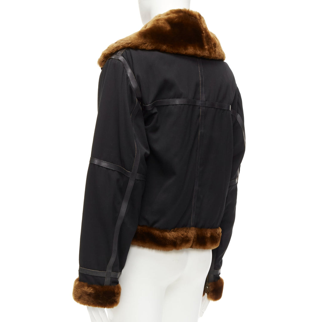 rare JEAN PAUL GAULTIER HOMME black brown faux fur aviator flight jacket IT50 L