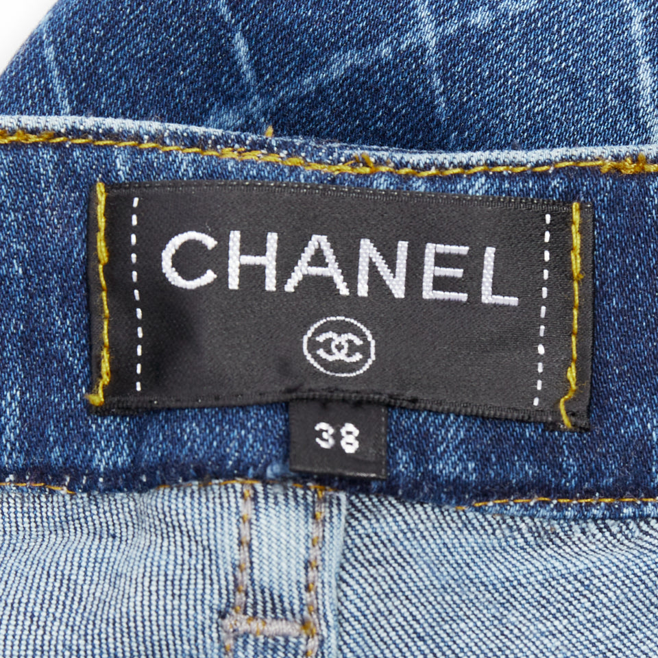 CHANEL blue washed diamond grid quilt mid waist skinny jeans FR38 M