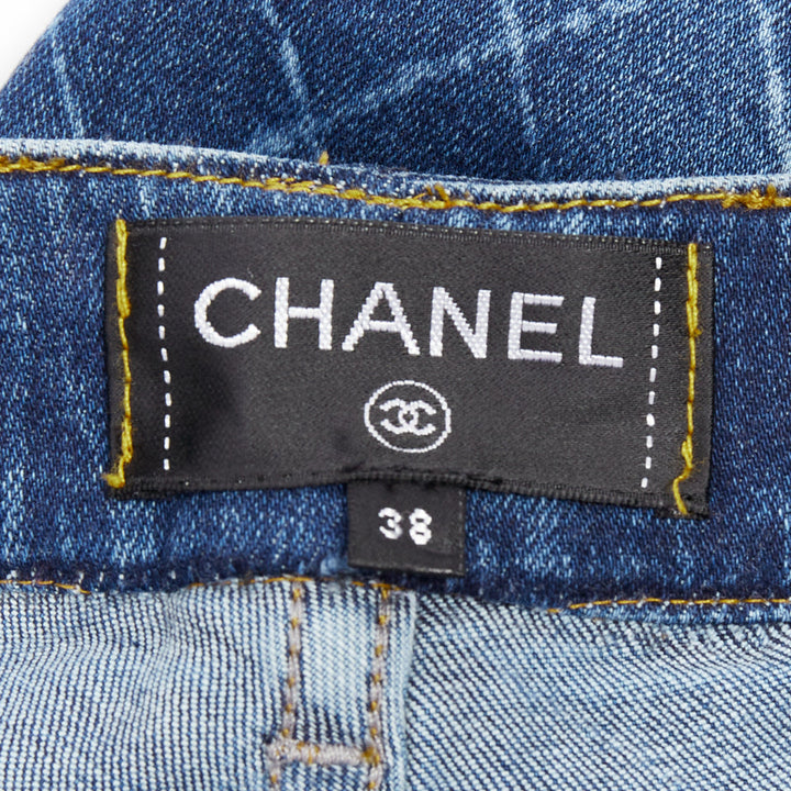 CHANEL blue washed diamond grid quilt mid waist skinny jeans FR38 M