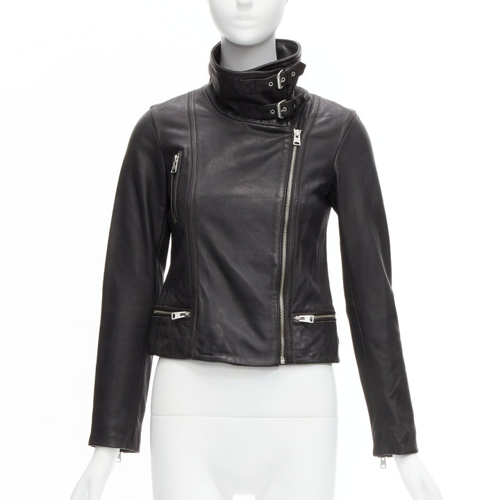 ALL SAINTS Bales black lamb leather buckles funnel collar biker jacket UK6 XS