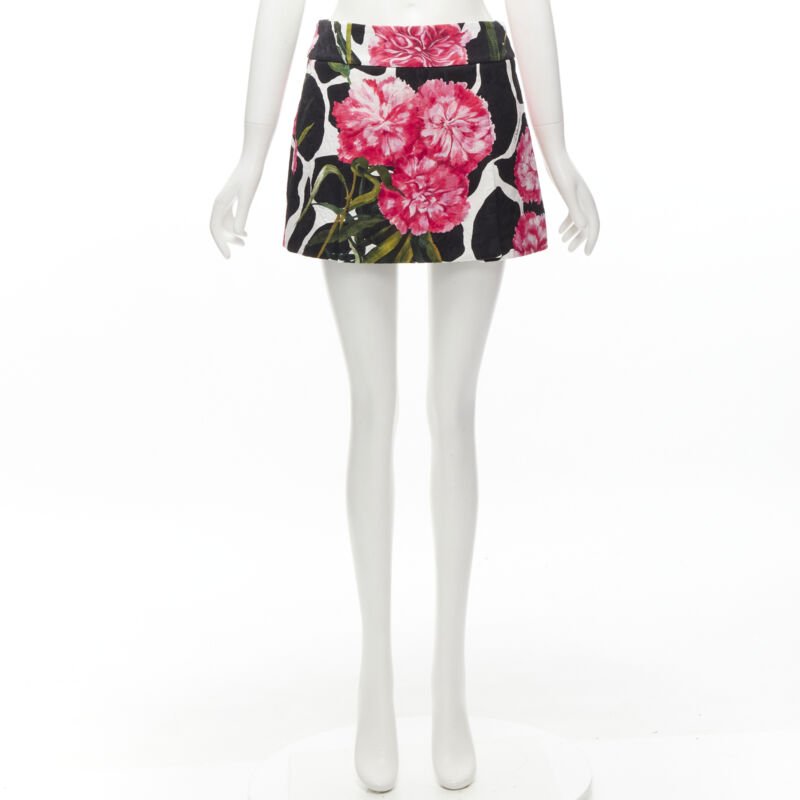 DOLCE GABBANA black pink carnation floral print jacquard mini skirt IT38 XS