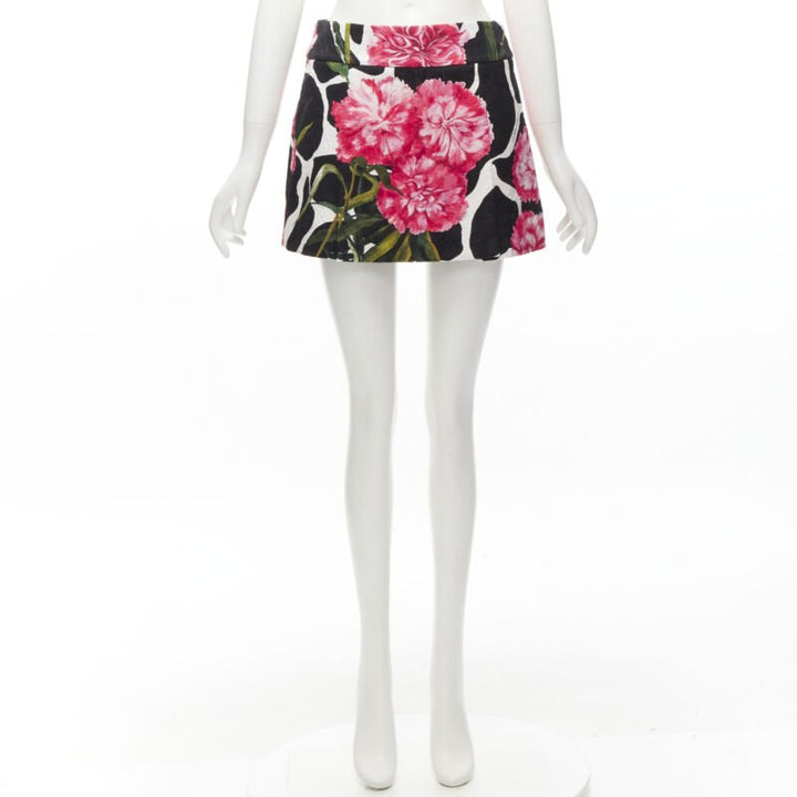 DOLCE GABBANA black pink carnation floral print jacquard mini skirt IT38 XS