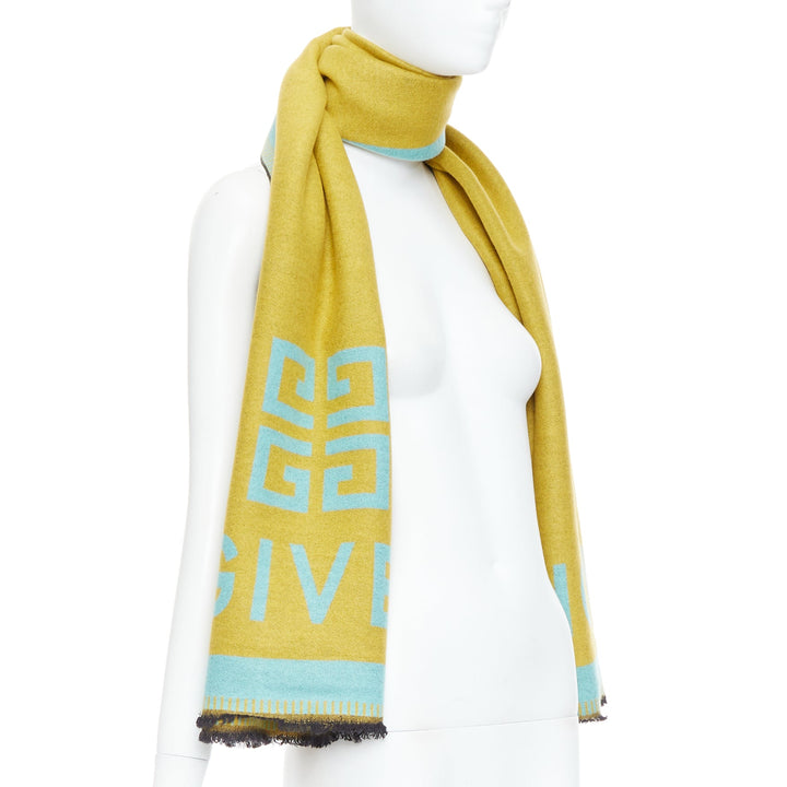 GIVENCHY mustard mint green wooly black fringe big logo long scarf