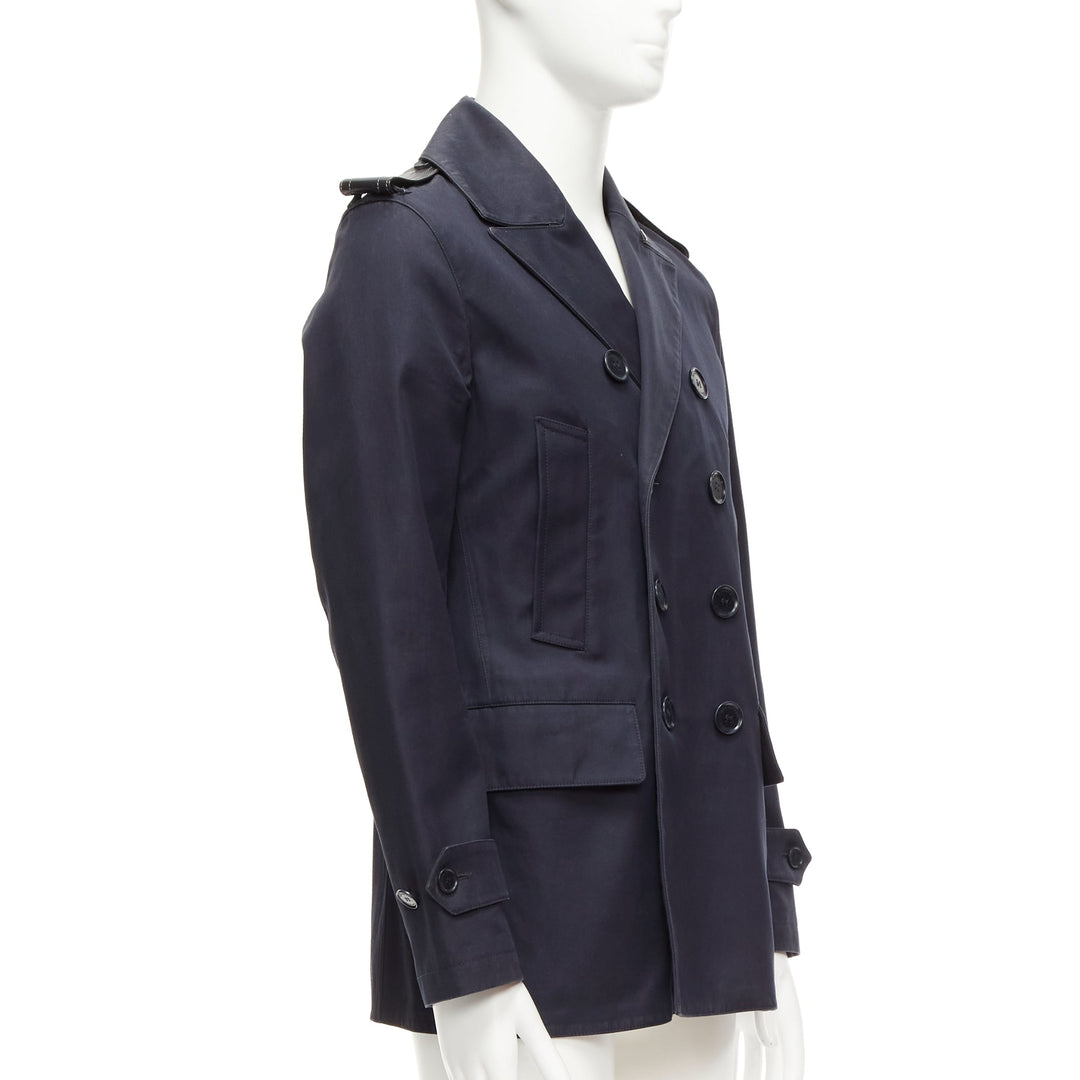 BURBERRY navy cotton wool lined leather epaulet short trench coat IT48 M