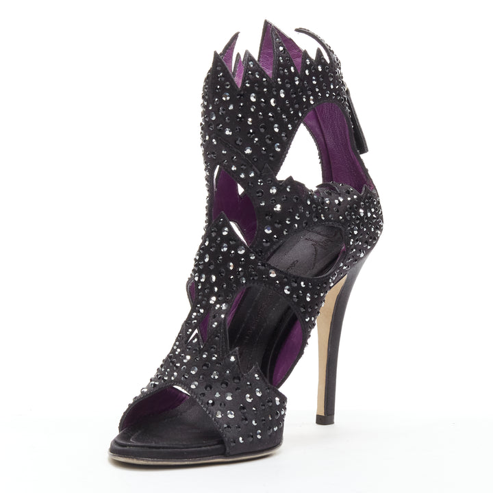 GIUSEPPE ZANOTTI black crystal satin leather lined cutout sandals heels EU37.5