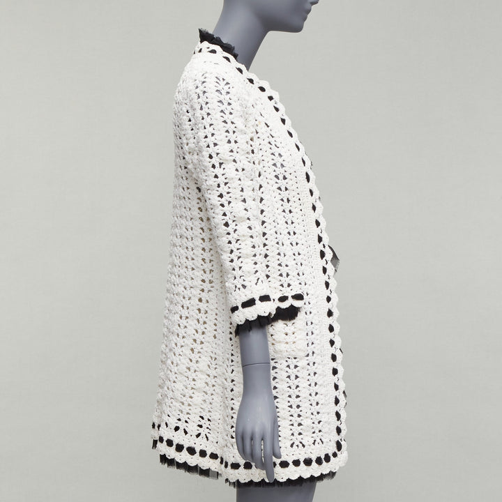CHANEL 05P Runway cream crochet knit black silk trim cardigan coat FR38 M