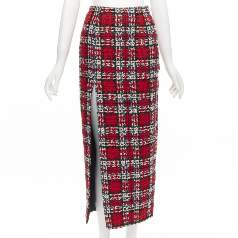 HALPERN red plaid check tweed high slit pencil midi skirt FR34 XS