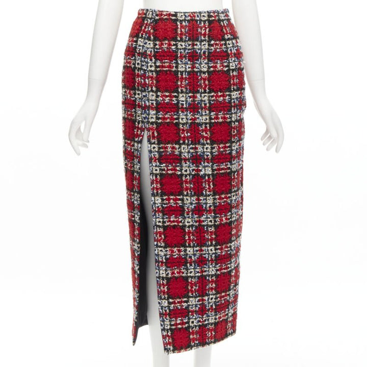 HALPERN red plaid check tweed high slit pencil midi skirt FR34 XS