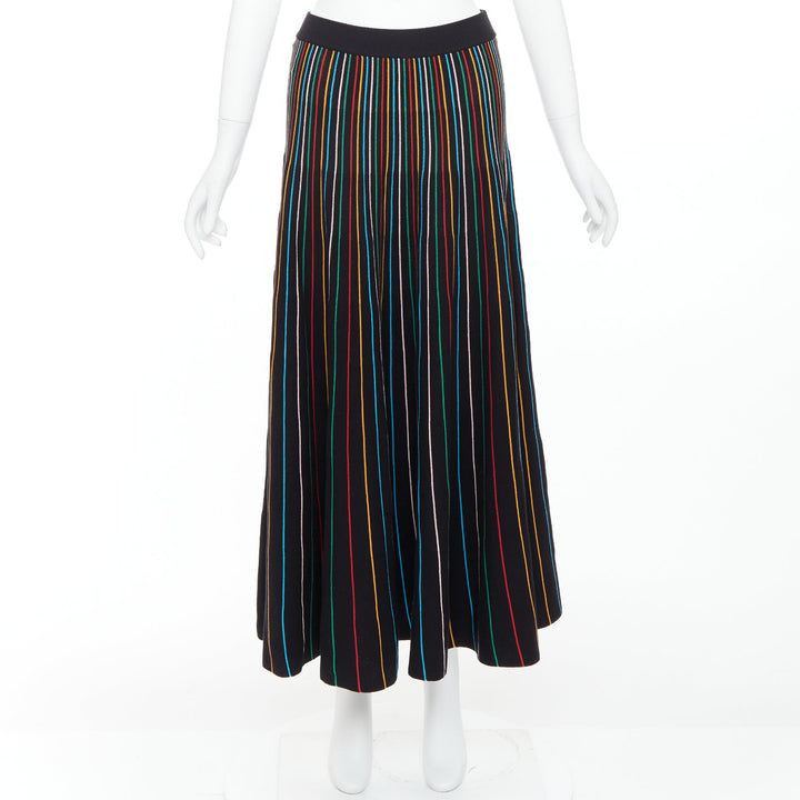 RED VALENTINO black rainbow stripe cotton blend knitted midi skirt S