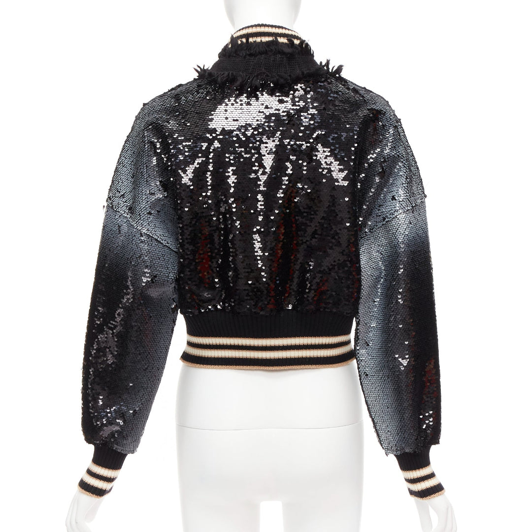 AVIU black white spray paint effect sequins cropped bomber jacket IT38