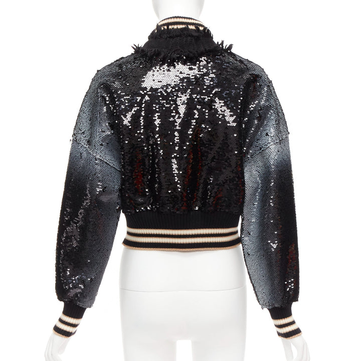 AVIU black white spray paint effect sequins cropped bomber jacket IT38