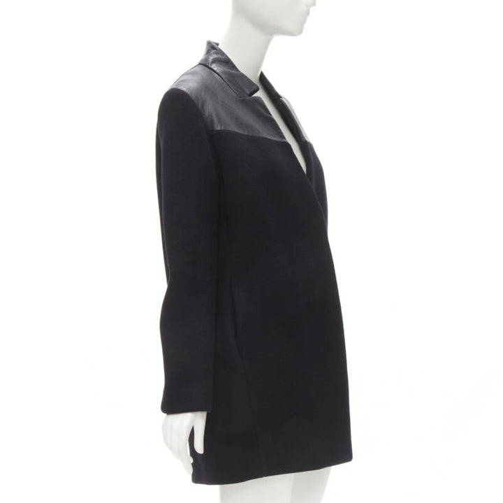 MAJE Sirop black calfskin leather trim wool collarless coat US2 S