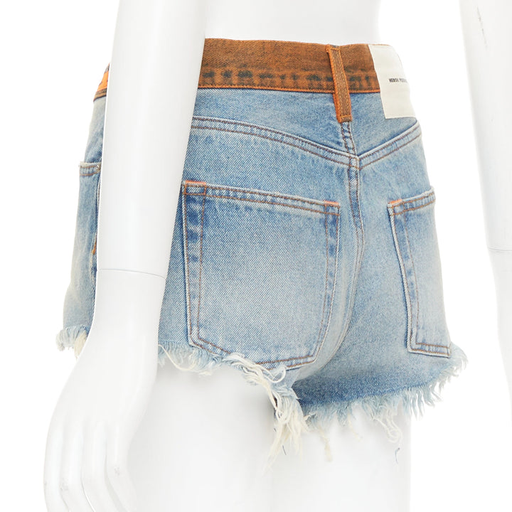 HERON PRESTON western cowboy blue washed denim orange waist cut off shorts 25"
