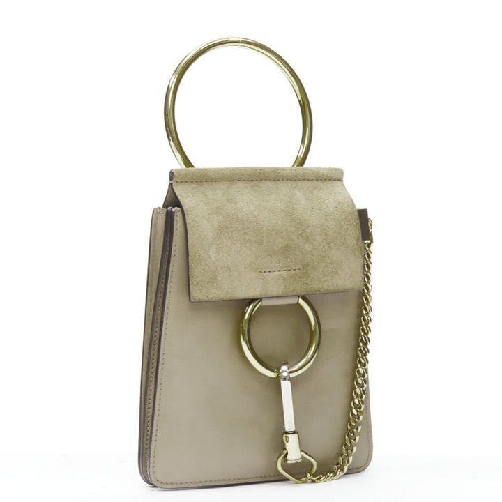 CHLOE Faye gold bangle bracelet ring chained crossbody grey suede leather bag