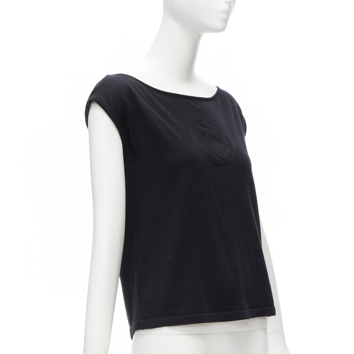 CHANEL 07P Vintage black CC logo topstitch cotton boat neck top FR36 S