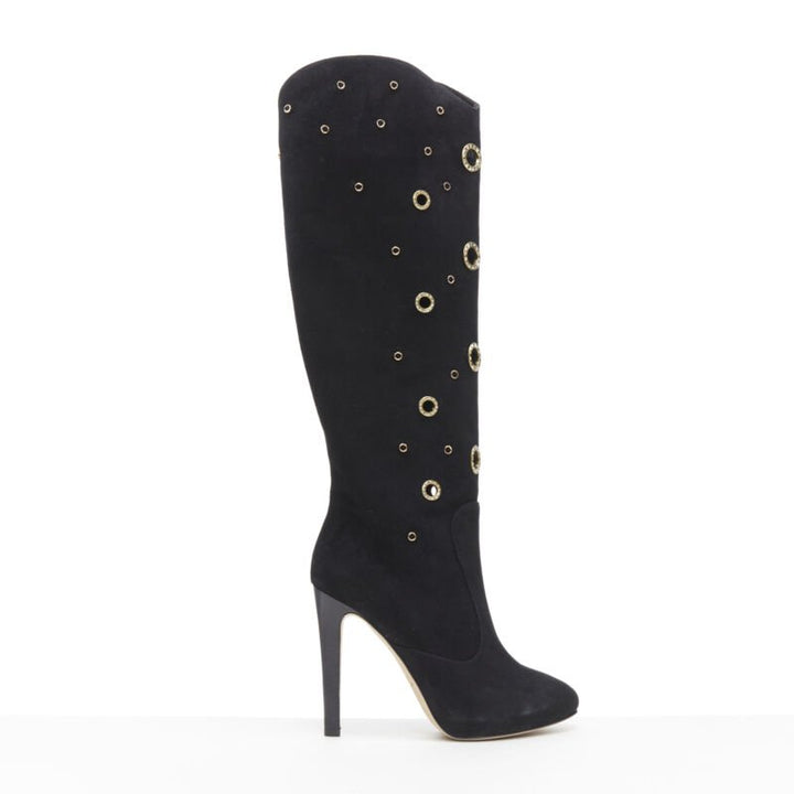 GIUSEPPE ZANOTTI black suede gold crystal eyelet high heel tall boots EU37