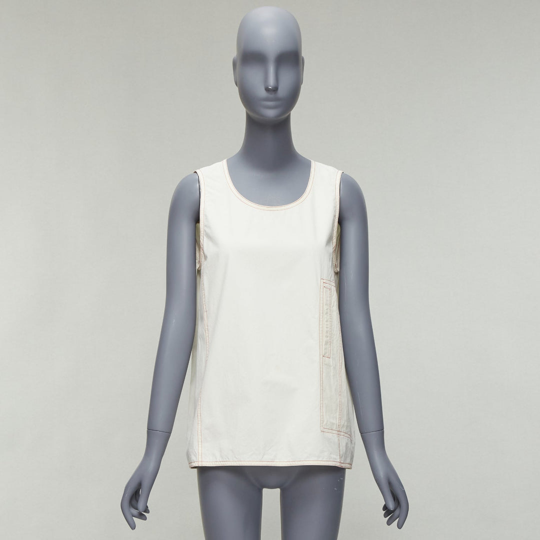 MARNI cream 100% cotton red overstitch boxy scoop neck utility vest IT42 M
