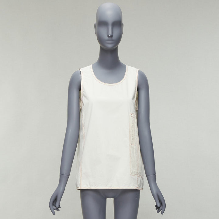 MARNI cream 100% cotton red overstitch boxy scoop neck utility vest IT42 M