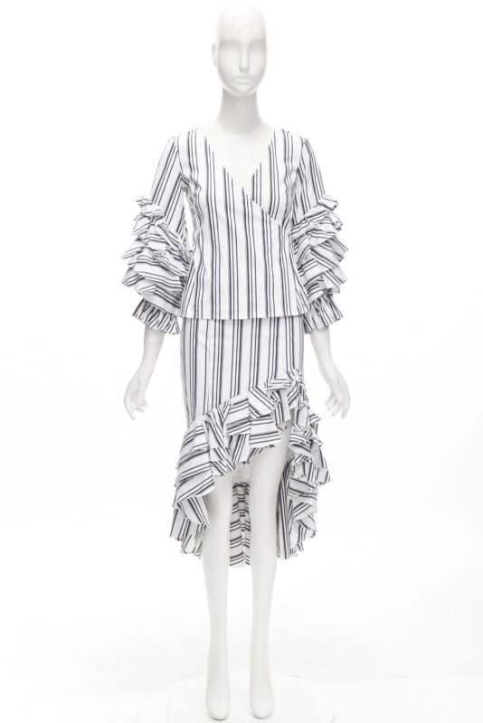 CAROLINE CONSTAS black white ruffled stripes wrap top high low skirt set XS