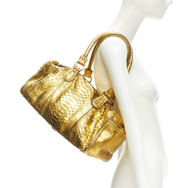 ZAGLIANI metallic gold scaled leather top handle duffel boston bag