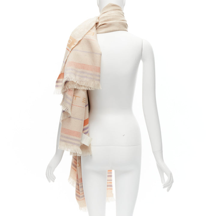 ETRO Home Collection 100% merino wool beige logo stripes fringe scarf