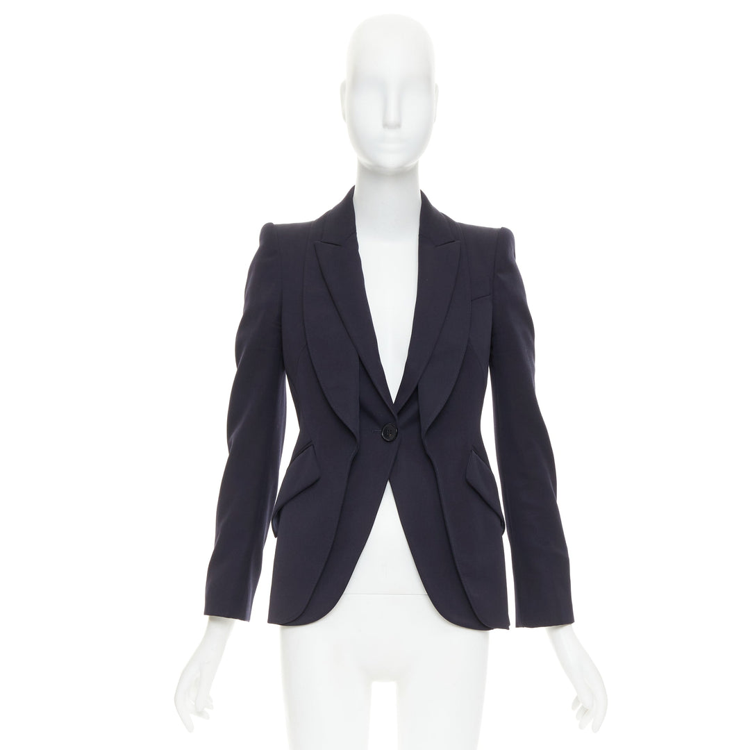 ALEXANDER MCQUEEN 2017 navy wool layered double collar blazer jacket IT38 XS