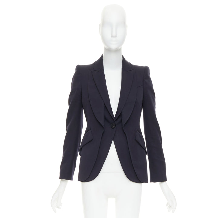 ALEXANDER MCQUEEN 2017 navy wool layered double collar blazer jacket IT38 XS
