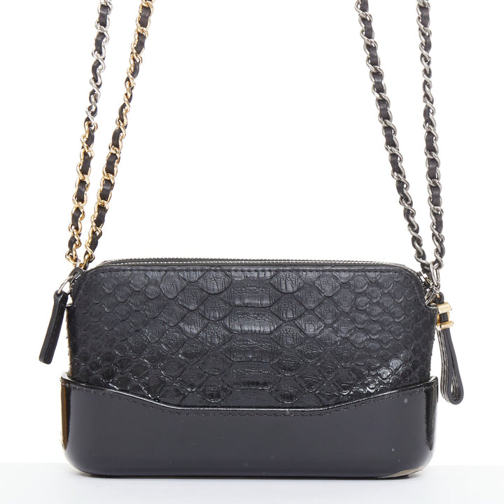 CHANEL Mini Gabrielle black scaled leather patent trim double CC crossbody bag