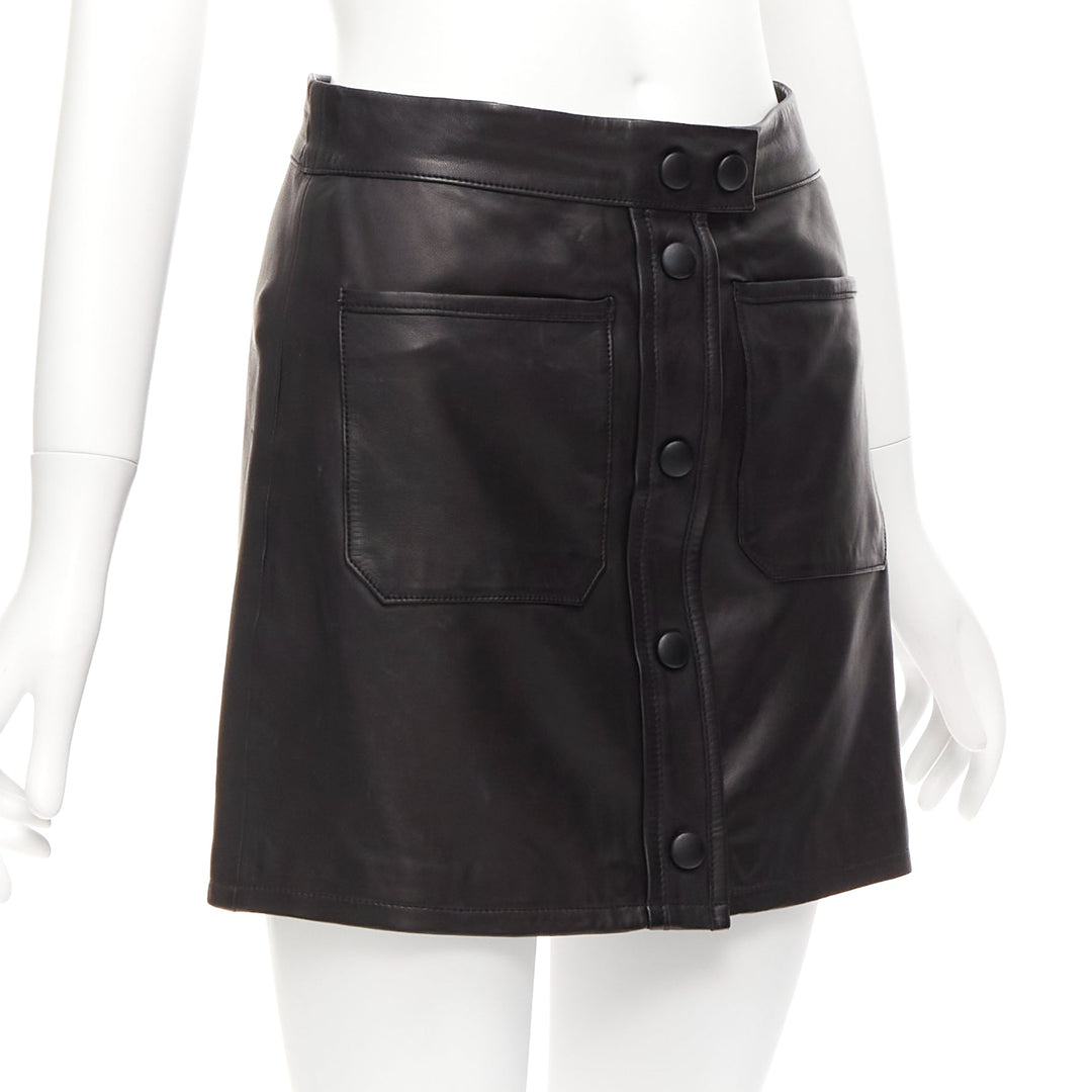 FRAME black lambskin leather snap button patch pocket mini skirt 25"