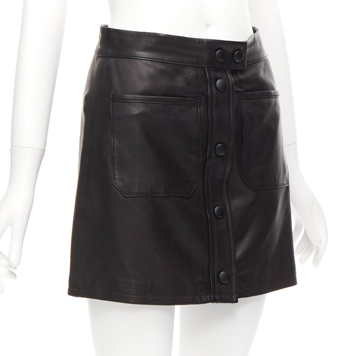 FRAME black lambskin leather snap button patch pocket mini skirt 25"