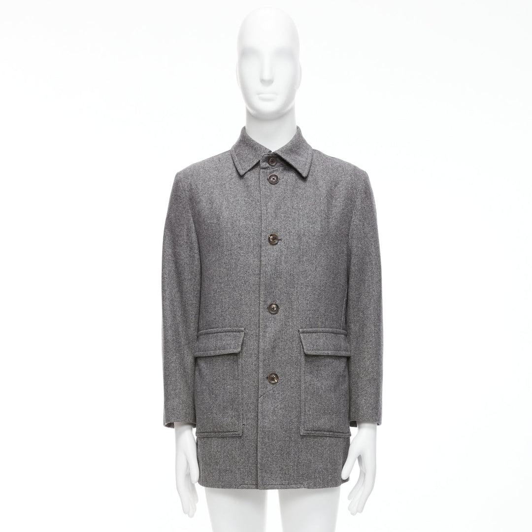 LANVIN JL grey wool blend herringbone dual pocketed overcoat IT46 S
