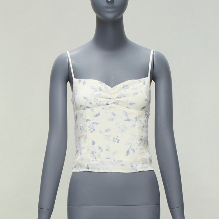 REFORMATION cream blue floral print retro ruched tank top US2 S