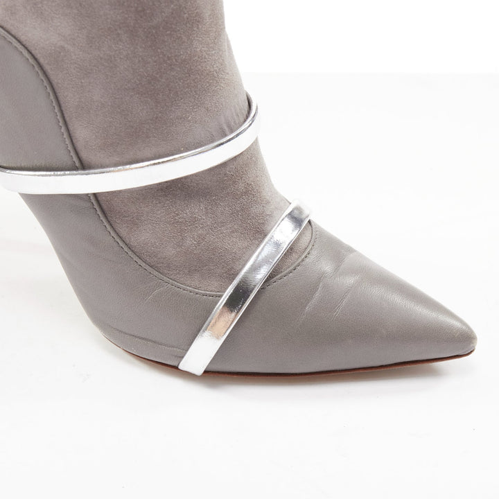 MALONE SOULIERS grey suede silver patent strap stiletto heeled booties EU37