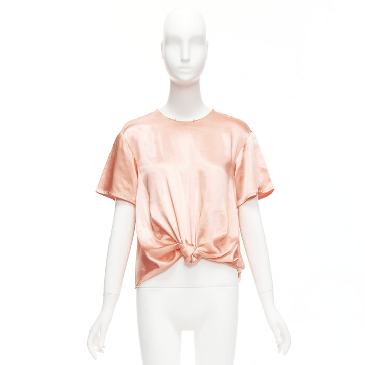 REGINA PYO pink silky satin front knot crew neck frayed edge collar top S
