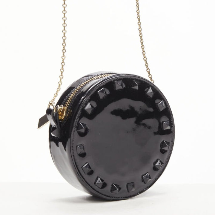 VALENTIN Rockstud black patent leather studded gold chain circle crossbody bag