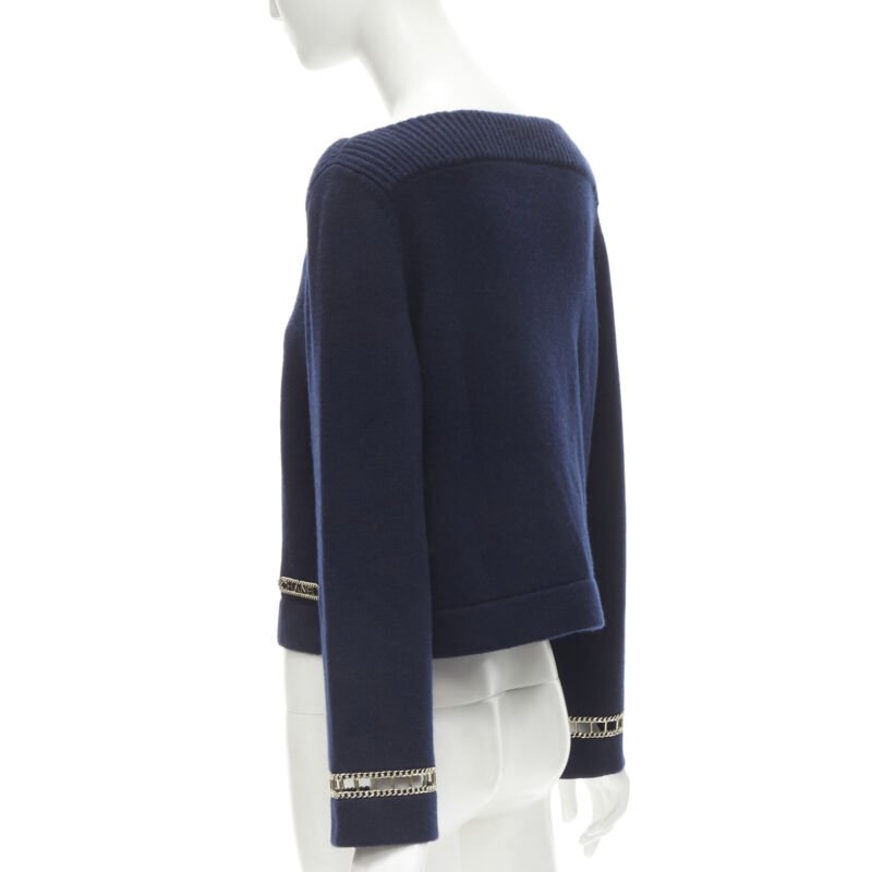 CHANEL 2020 Runway 100% cashmere navy gold chain trim boat neck sweater FR38