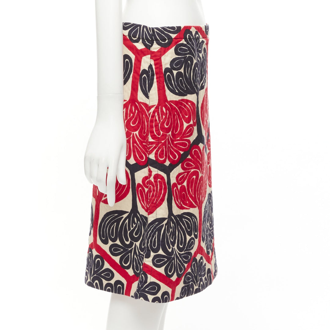 MARNI 2011 red navy cream ethnic print cotton Aline knee skirt IT38 XS