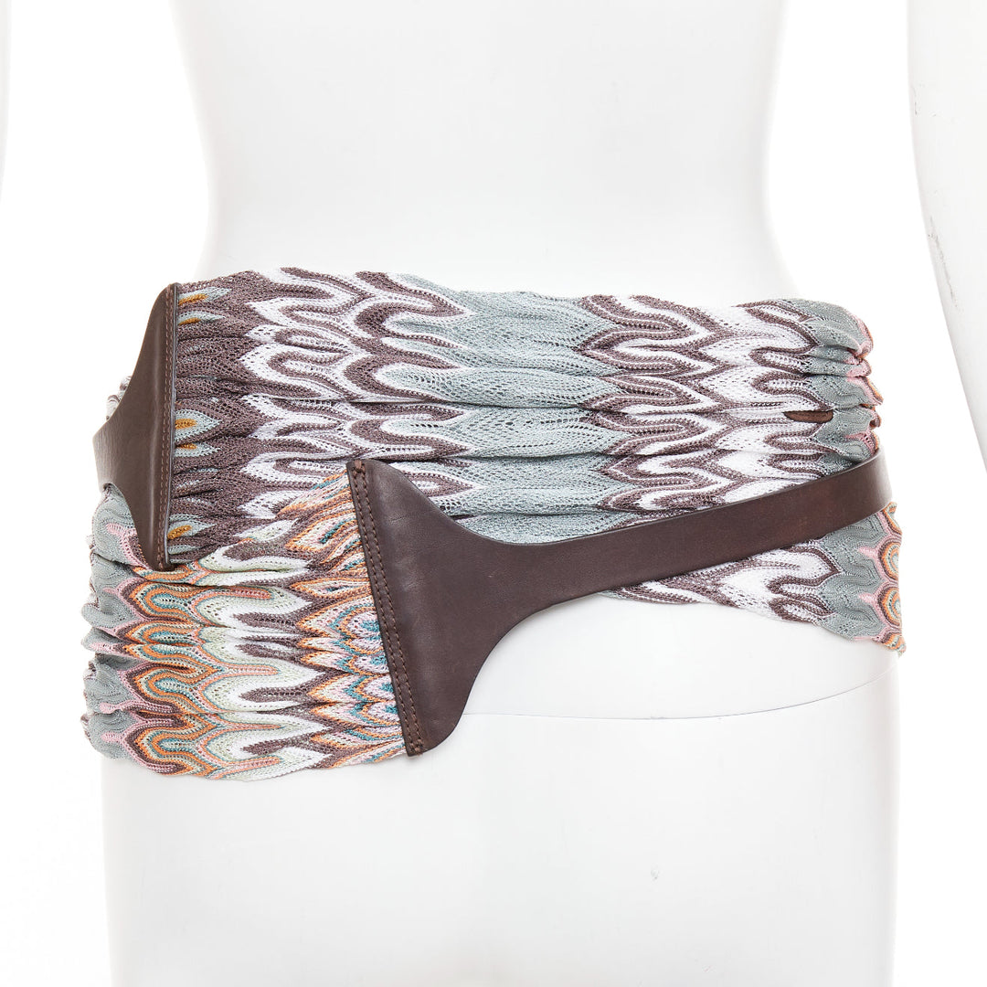 MISSONI multicolor wavey pattern fabric knitted brown leather wrap belt IT40 S