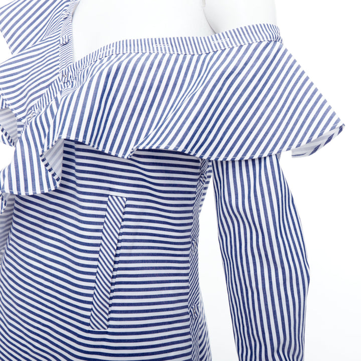 SELF PORTRAIT blue white striped off shoulder asymmetric ruffle top UK8 S