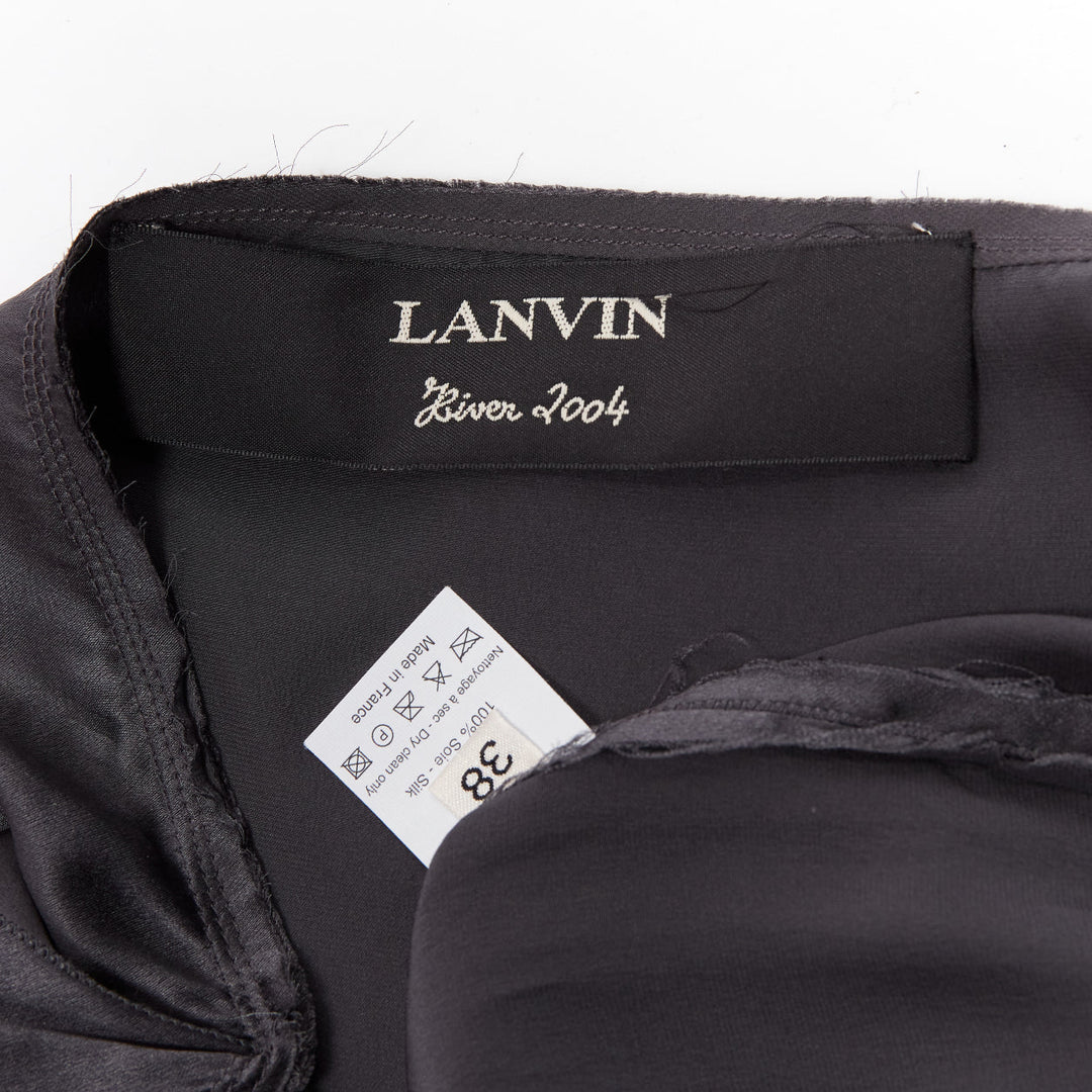 LANVIN 2004 100% silk grey raw edge fabric button low waist midi skirt  FR38 M