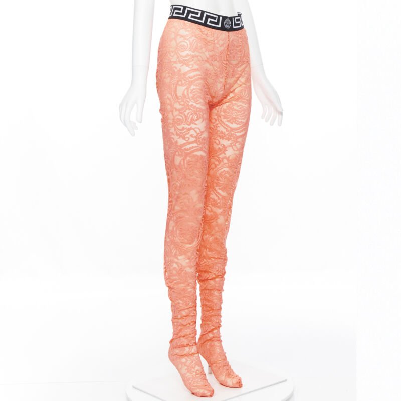 VERSACE Underwear Medusa Greca waist band blue floral lace tights M